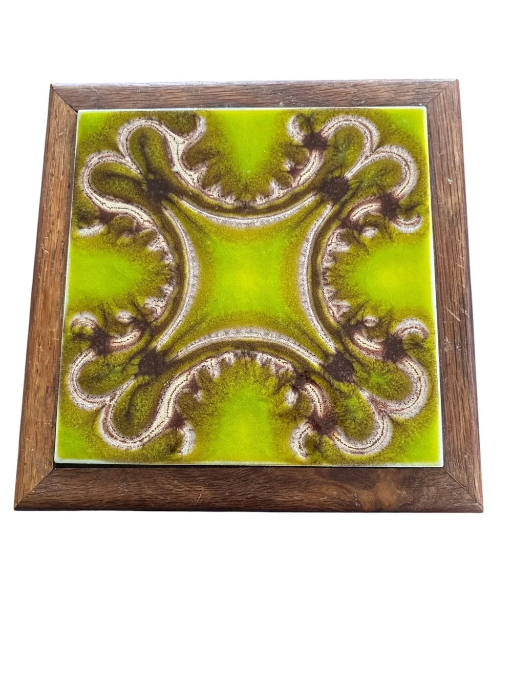 VTG German Trivet Ceramic Art Nouveau Psychedelic Floral Inspired Wood Framed